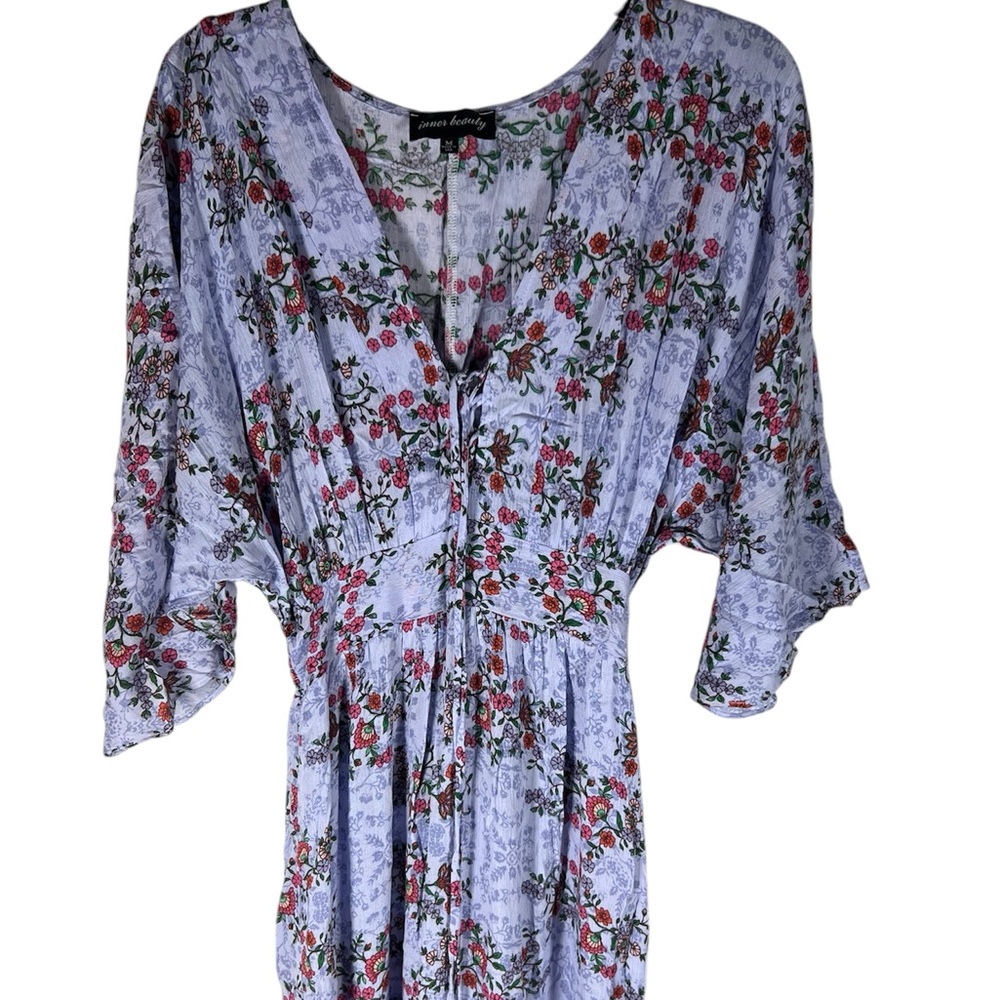 Flowy Floral Violet Blue V Neck Kimono Sleeve Dress Size M
